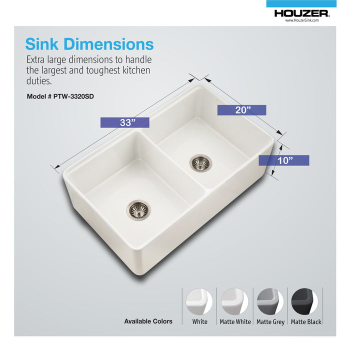 Houzer PTW-3320SD MWH Aspire 33" Matte White Fireclay Farmhouse Double Bowl Workstation Sink