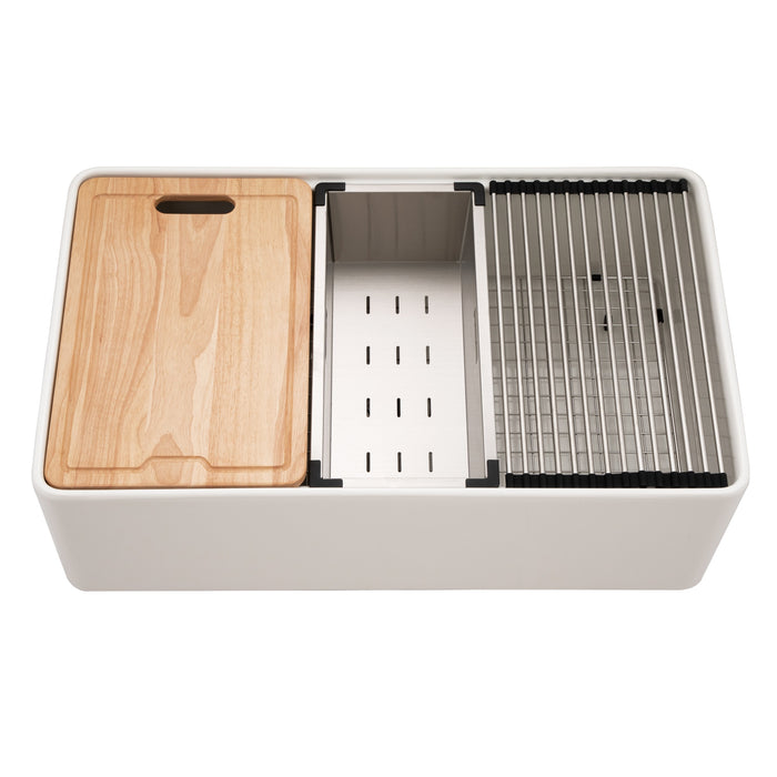 Houzer PTW-3320S MWH Aspire 33" Matte White Fireclay Farmhouse Single Bowl Workstation