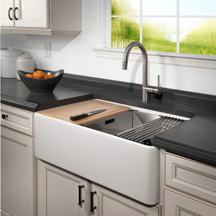 Houzer PTW-3320S MWH Aspire 33" Matte White Fireclay Farmhouse Single Bowl Workstation
