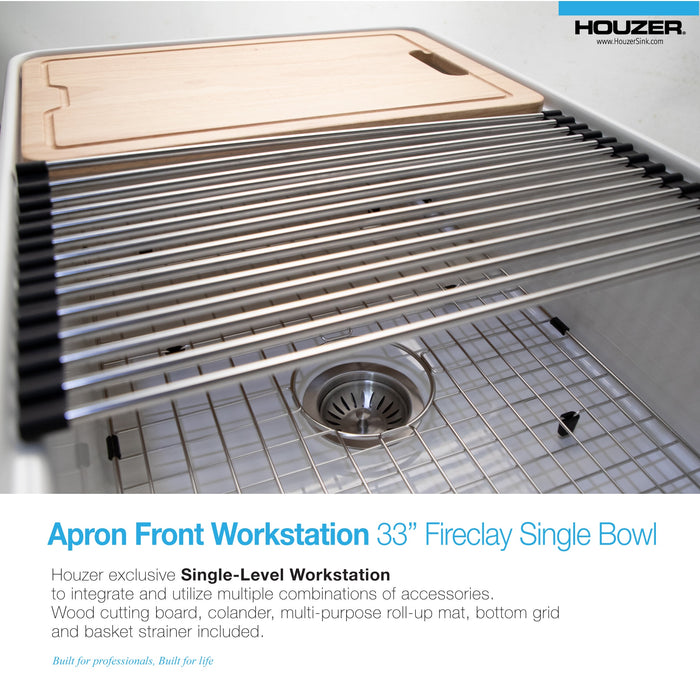 Houzer PTW-3320S MWH Aspire 33" Matte White Fireclay Farmhouse Single Bowl Workstation