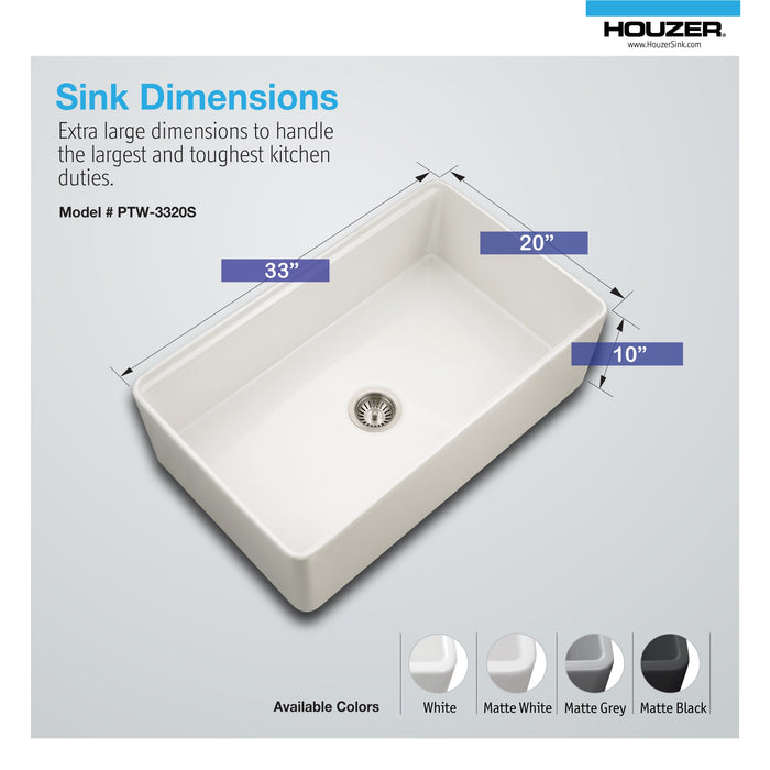 Houzer PTW-3320S MWH Aspire 33" Matte White Fireclay Farmhouse Single Bowl Workstation