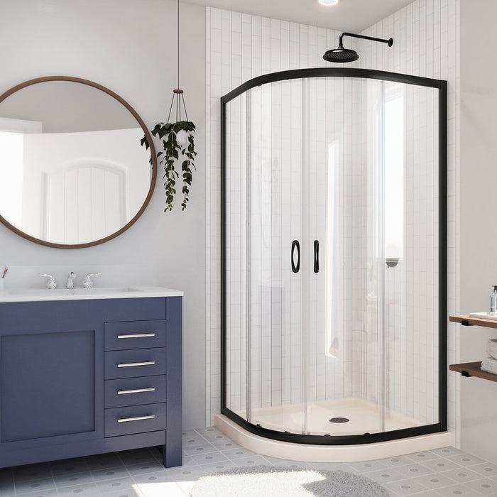 Dreamline DL-6703-22-09 Prime 38" x 74 3/4" Semi-Frameless Clear Glass Sliding Shower Enclosure in Satin Black with Biscuit Base Kit
