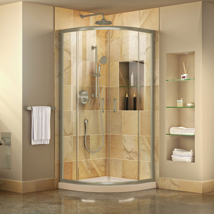 DreamLine DL-6703-22-04 Prime 38" x 74 3/4" Semi-Frameless Clear Glass Sliding Shower Enclosure in Brushed Nickel with Biscuit Base Kit