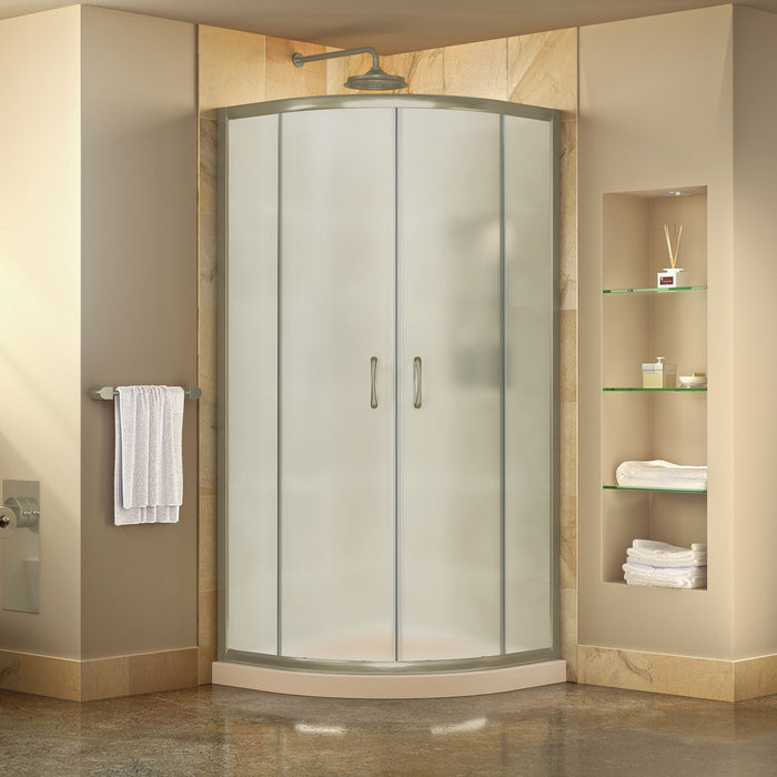 DreamLine DL-6702-22-04FR Prime 36" x 74 3/4" Semi-Frameless Frosted Glass Sliding Shower Enclosure in Brushed Nickel with Biscuit Base Kit