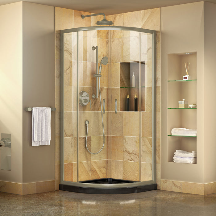DreamLine DL-6702-89-04 Prime 36" x 74 3/4" Semi-Frameless Clear Glass Sliding Shower Enclosure in Brushed Nickel with Black Base Kit