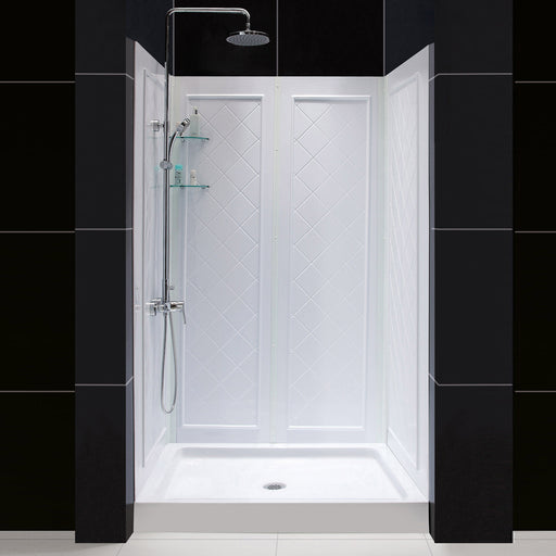 DreamLine DL-6193C-01 36"D x 48"W x 76 3/4"H Center Drain Acrylic Shower Base and QWALL-5 Backwall Kit In White - Bath4All