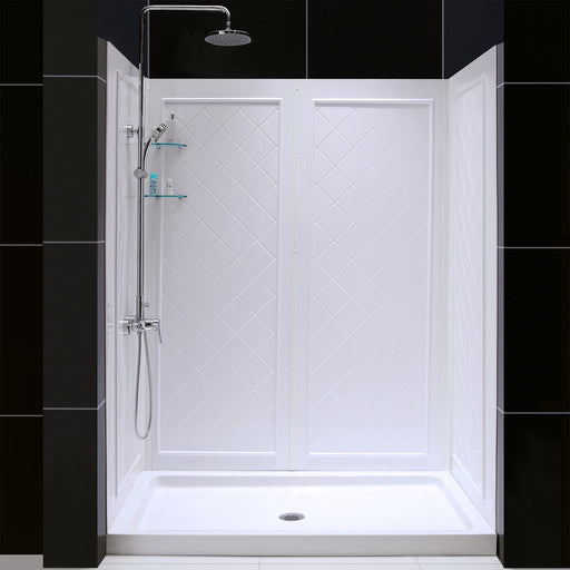 DreamLine DL-6191C-01 34"D x 60"W x 76 3/4"H Center Drain Acrylic Shower Base and QWALL-5 Backwall Kit In White - Bath4All