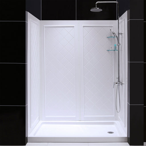 DreamLine DL-6192R-01 36"D x 60"W x 76 3/4"H Right Drain Acrylic Shower Base and QWALL-5 Backwall Kit In White - Bath4All