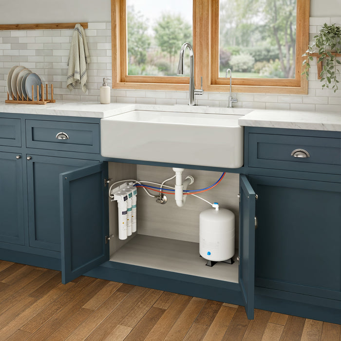 Brondell RC250 Capella filter system and storage tank installed beneath a farmhouse sink in blue cabinets