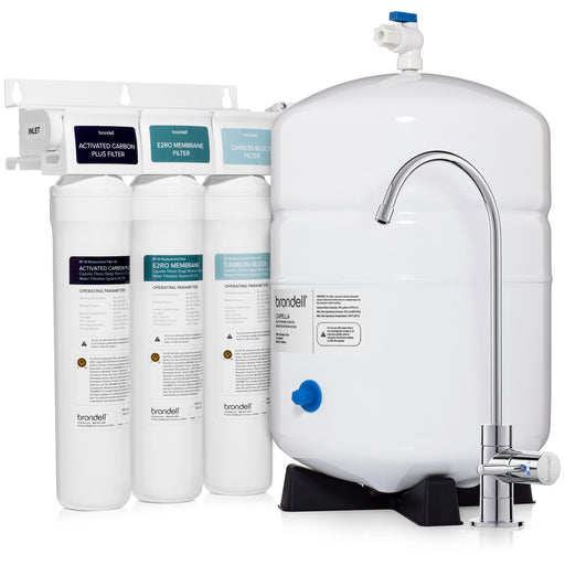 Brondell RC250 Capella complete system with three filter cartridges, white storage tank, and chrome faucet
