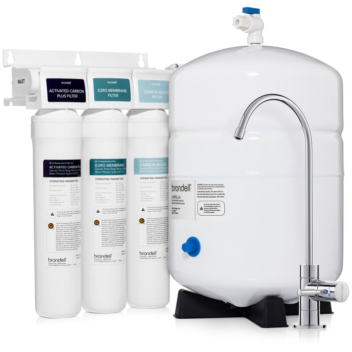 Brondell RC250 Capella complete system with three filter cartridges, white storage tank, and chrome faucet