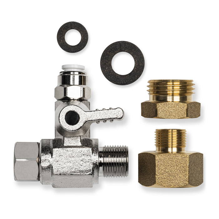 Brondell RC250 Capella feed-water valve, threaded adapters, and sealing washers arranged on white