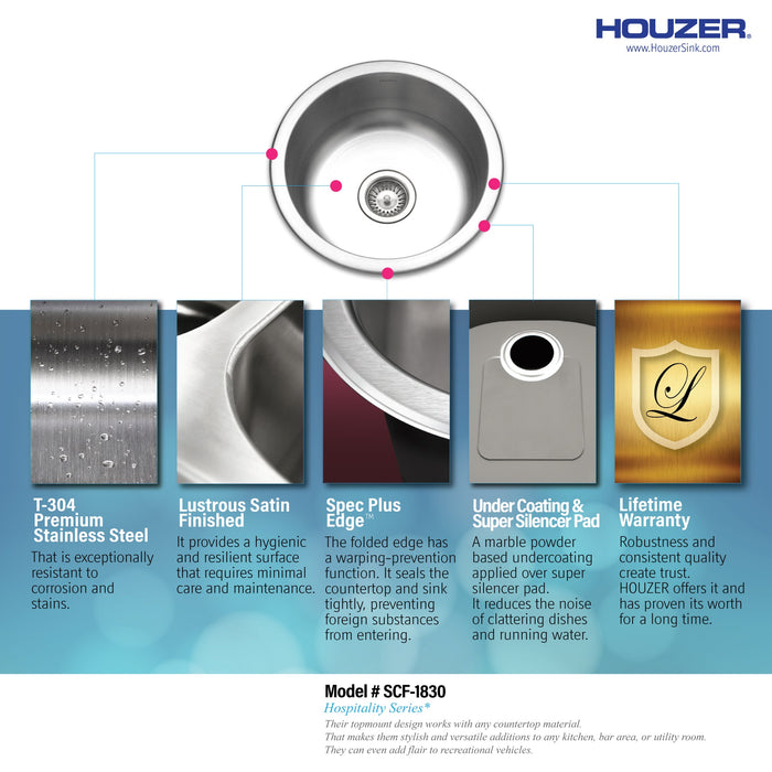 Houzer SCF-1830-1 Hospitality 18" Stainless Steel Drop-in Topmount Round Bar and Prep Sink with Strainer