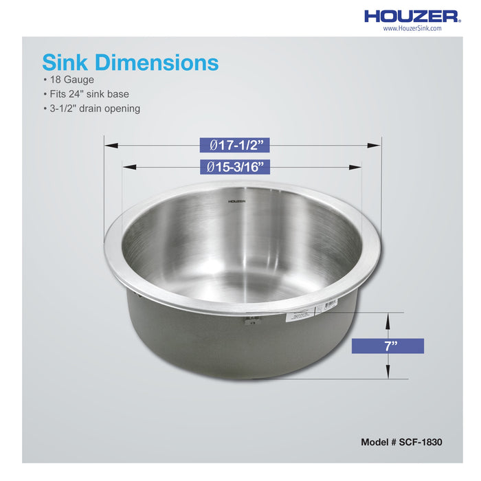 Houzer SCF-1830-1 Hospitality 18" Stainless Steel Drop-in Topmount Round Bar and Prep Sink with Strainer