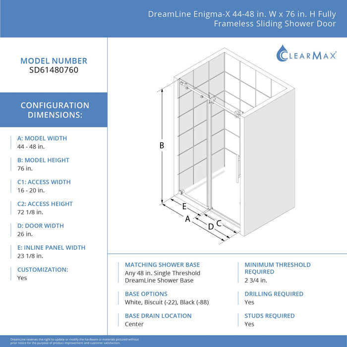 DreamLine SD61480760VDX07 Enigma-X 44-48"W x 76"H Clear Sliding Shower Door in Brushed Stainless Steel