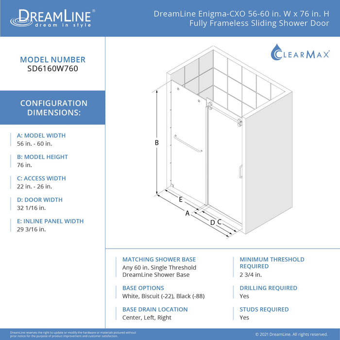DreamLine SD6160W760VTX07 Enigma-CXO 56-60"W x 76"H Fully Frameless Sliding Shower Door in Brushed Stainless Steel with Towel Bar