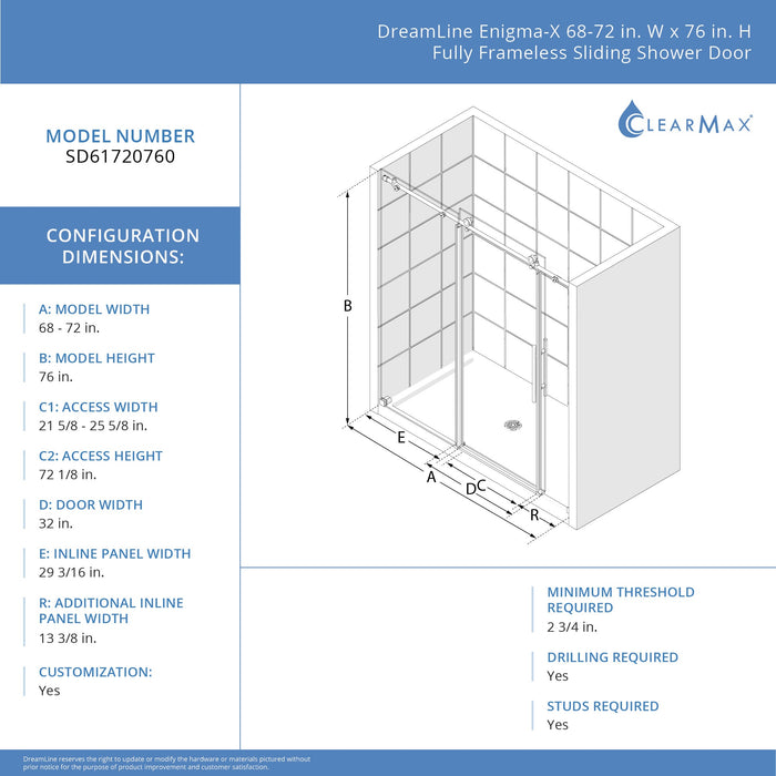 DreamLine SD61720760VDX08 Enigma-X 68-72"W x 76"H Clear Sliding Shower Door in Polished Stainless Steel