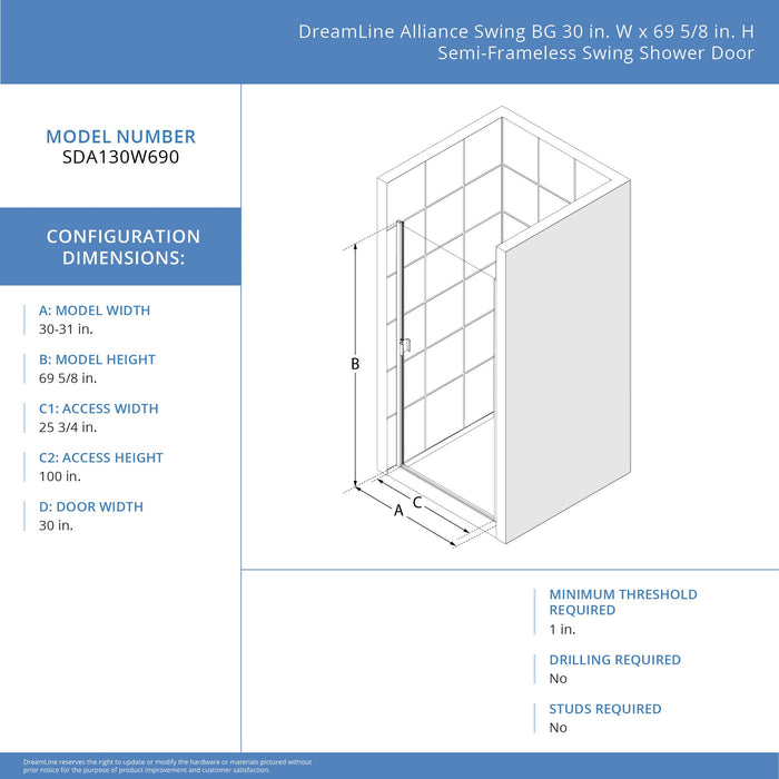 DreamLine SDA130W690VRX06 Alliance Swing BG 30 - 31"W x 69"H Semi-Frameless Swing Shower Door in Oil Rubbed Bronze and Clear Glass