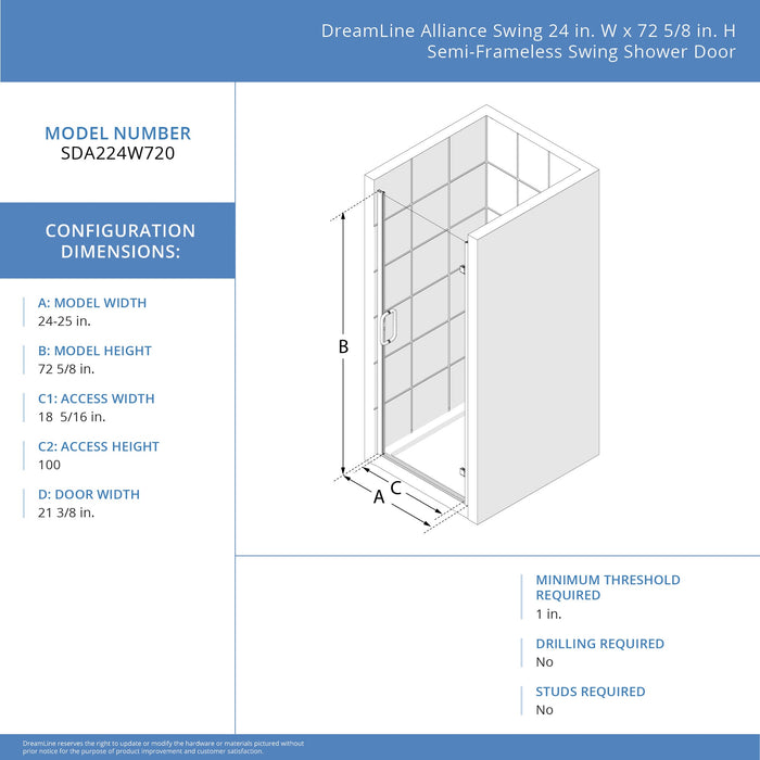 DreamLine SDA224W720VMX01 Alliance Swing 24"W x 72 5/8"H Semi-Frameless Swing Shower Door in Chrome and Clear Glass