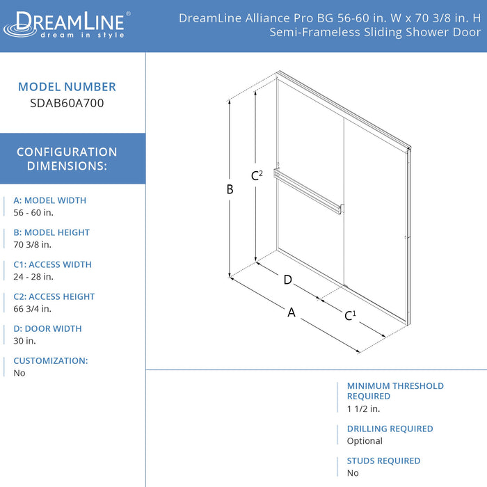 DreamLine SDAB60A700VXX06 Alliance Pro BG 56-60"W x 70 3/8"H Semi-Frameless Sliding Shower Door in Oil Rubbed Bronze