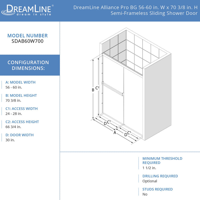 DreamLine SDAB60W700VXX06 Alliance Pro BG 56-60"W x 70 3/8"H Semi-Frameless Sliding Shower Door in Oil Rubbed Bronze