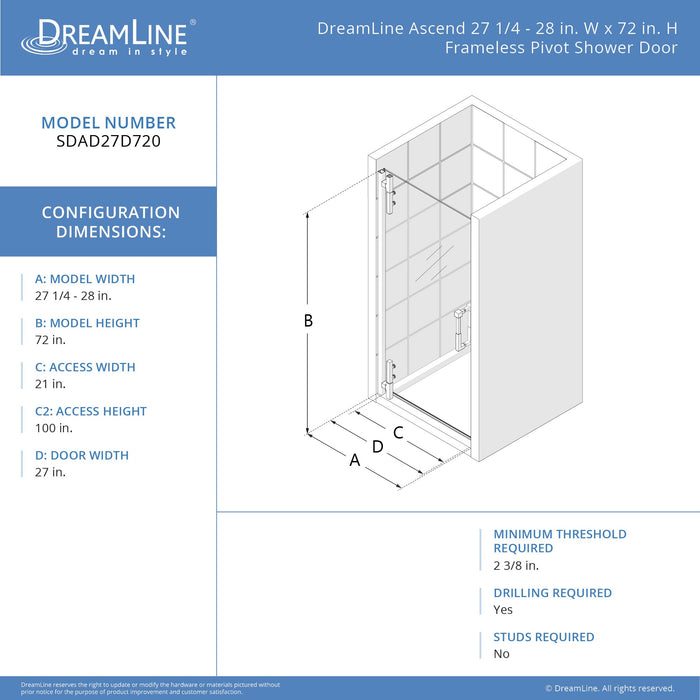 DreamLine SDAD27D720VXX01 Ascend 27 1/4-28"W x 72"H Frameless Pivot Shower Door in Chrome