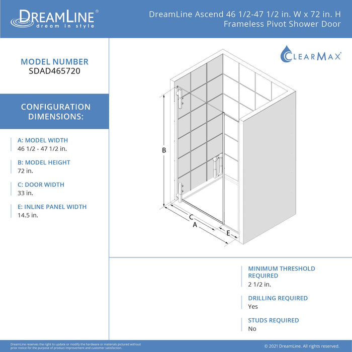 DreamLine SDAD465720VXX06 Ascend 46 1/2-47 1/2"W x 72"H Frameless Pivot Shower Door in Oil Rubbed Bronze