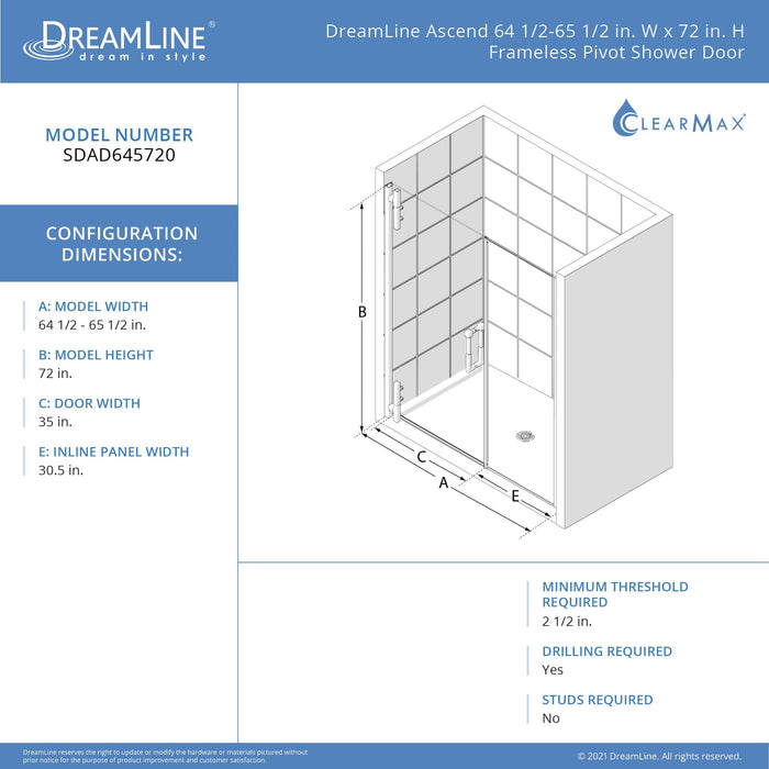 DreamLine SDAD645720VXX04 Ascend 64 1/2-65 1/2"W x 72"H Frameless Pivot Shower Door in Brushed Nickel