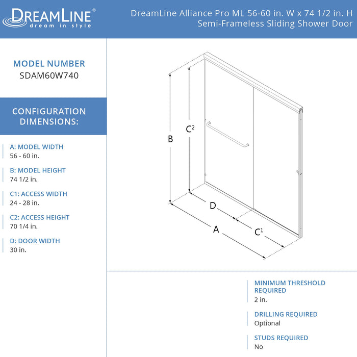DreamLine SDAM60W740VXX06 Alliance Pro ML 56-60"W x 74 1/2"H Semi-Frameless Sliding Shower Door in Oil Rubbed Bronze