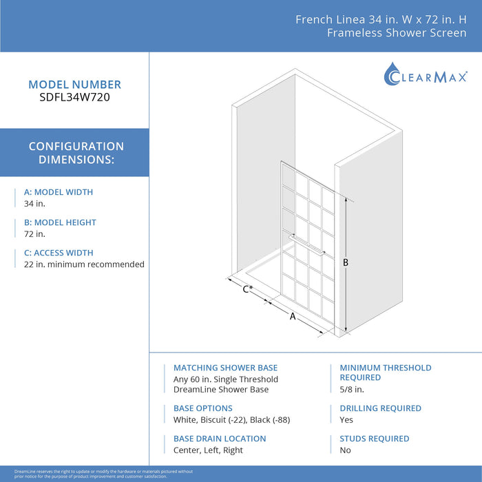 DreamLine SDFL34W720XTX89 Toulon 34"W x 72"H Frameless Shower Screen in Satin Black