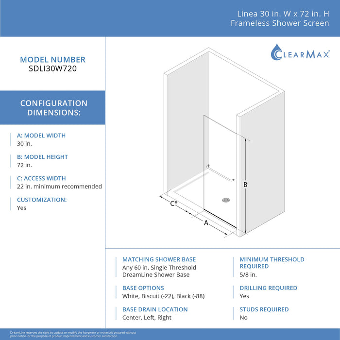 DreamLine SDLI30W720XTX04 Linea 30"W x 72"H Frameless Shower Screen in Brushed Nickel