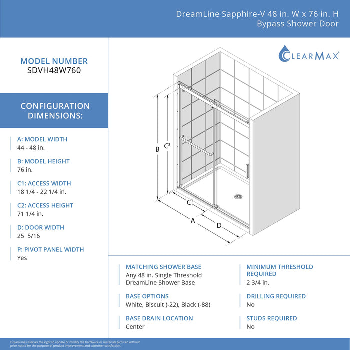 DreamLine SDVH48W760VXX01 Sapphire-V 44 - 48"W x 76"H Bypass Shower Door in Chrome and Clear Glass