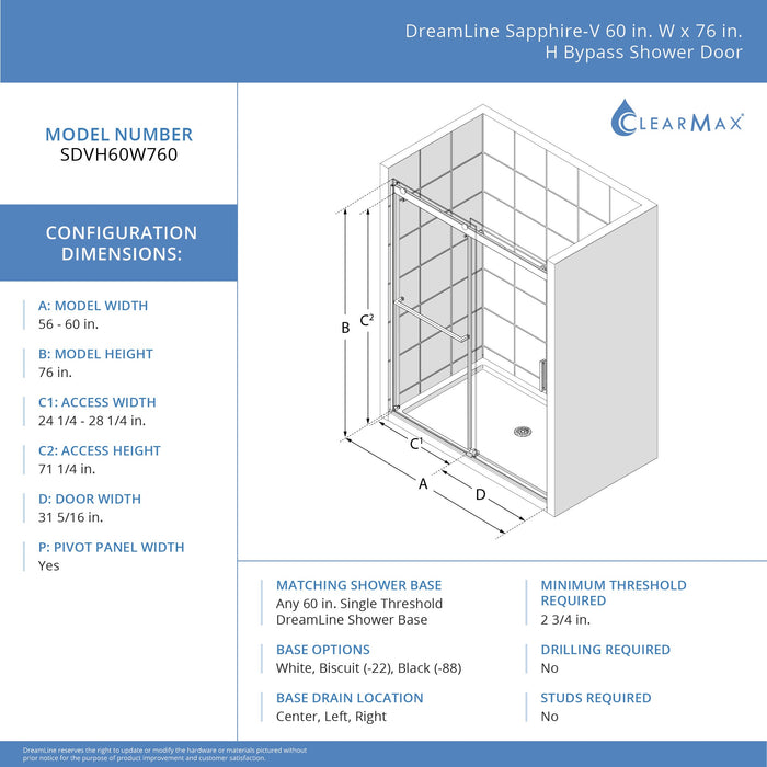 DreamLine SDVH60W760VXX01 Sapphire-V 56 - 60"W x 76"H Bypass Shower Door in Chrome and Clear Glass
