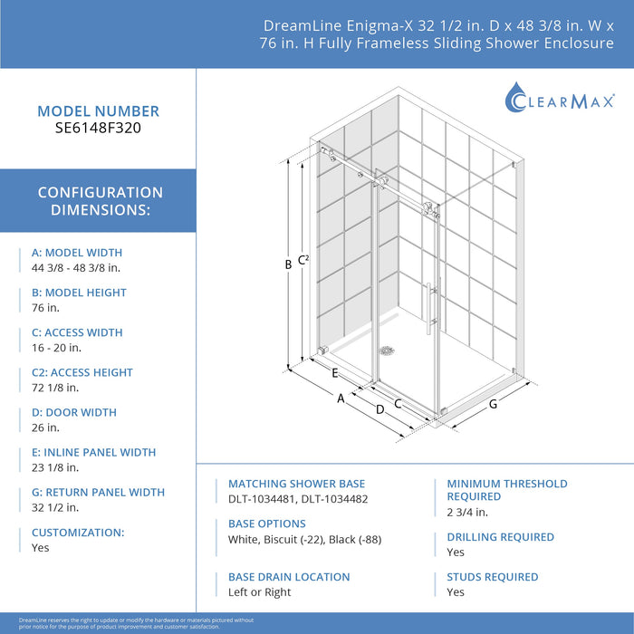 DreamLine SE6148F320VDX07 Enigma-X 32 1/2"D x 48 3/8"W x 76"H Clear Sliding Shower Enclosure in Brushed Stainless Steel