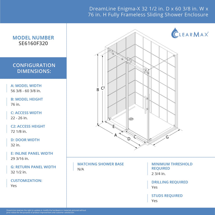 DreamLine SE6160F320VDX08 Enigma-X 32 1/2"D x 60 3/8"W x 76"H Clear Sliding Shower Enclosure in Polished Stainless Steel