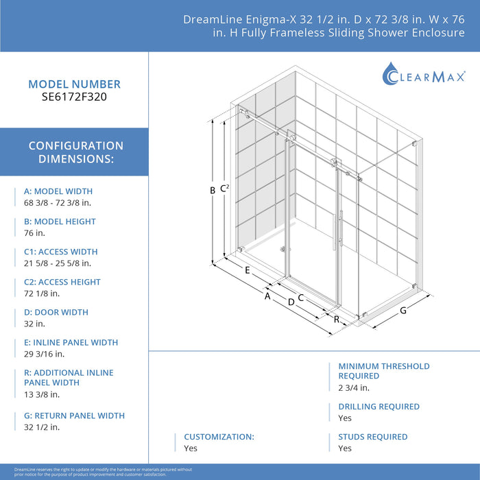 DreamLine SE6172F320VDX07 Enigma-X 32 1/2"D x 72 3/8"W x 76"H Clear Sliding Shower Enclosure in Brushed Stainless Steel