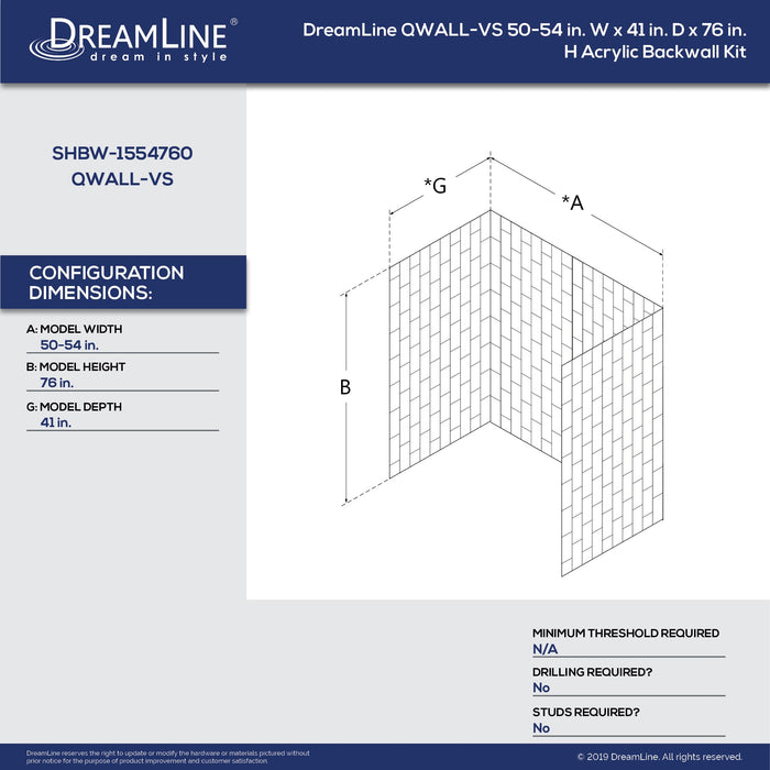 Dreamline SHBW-1554760-22 QWALL-VS 50-54"W x 41-1/2"D x 76"H Acrylic Backwall Kit in Biscuit