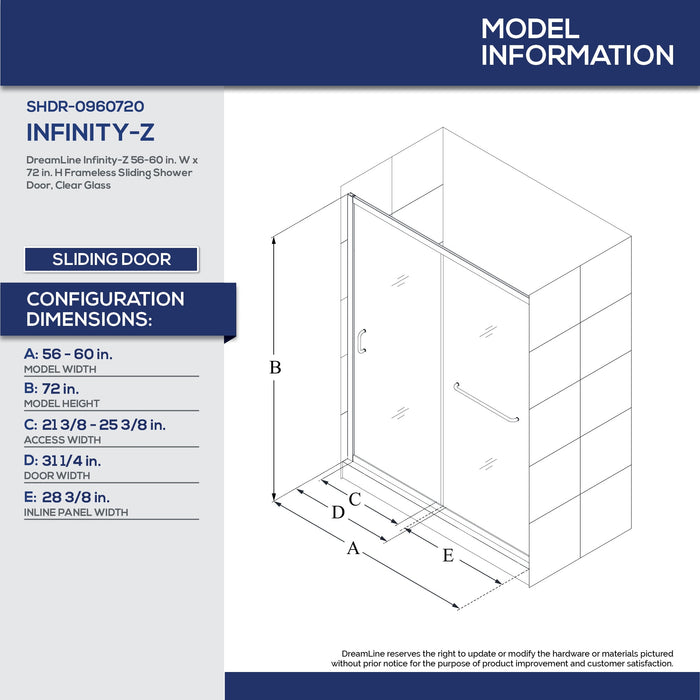 DreamLine D2096036XXL0004 Infinity-Z 36"D x 60"W x 78 3/4"H Sliding Shower Door, Base, and White Wall Kit in Brushed Nickel and Clear Glass