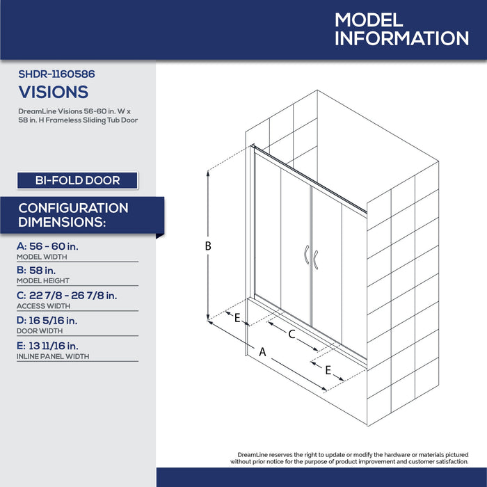DreamLine TB116060XXX0004 Visions 56-60"W x 60"H Sliding Tub Door and White Wall Kit in Brushed Nickel