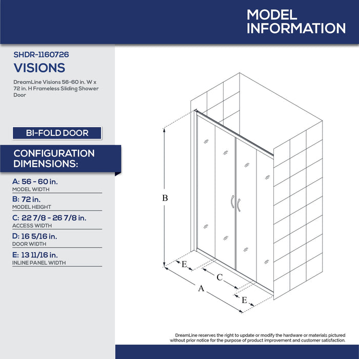 DreamLine D2116032XXR0001 Visions 32"D x 60"W x 78 3/4"H Sliding Shower Door, Base, and White Wall Kit in Chrome