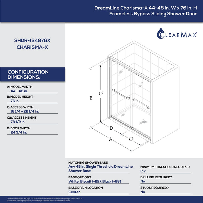 DreamLine SHDR-134876X-06 Charisma-X 44-48"W x 76"H Frameless Bypass Sliding Shower Door in Oil Rubbed Bronze