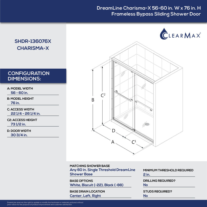 DreamLine SHDR-136076X-09 Charisma-X 56-60"W x 76"H Frameless Bypass Sliding Shower Door in Satin Black