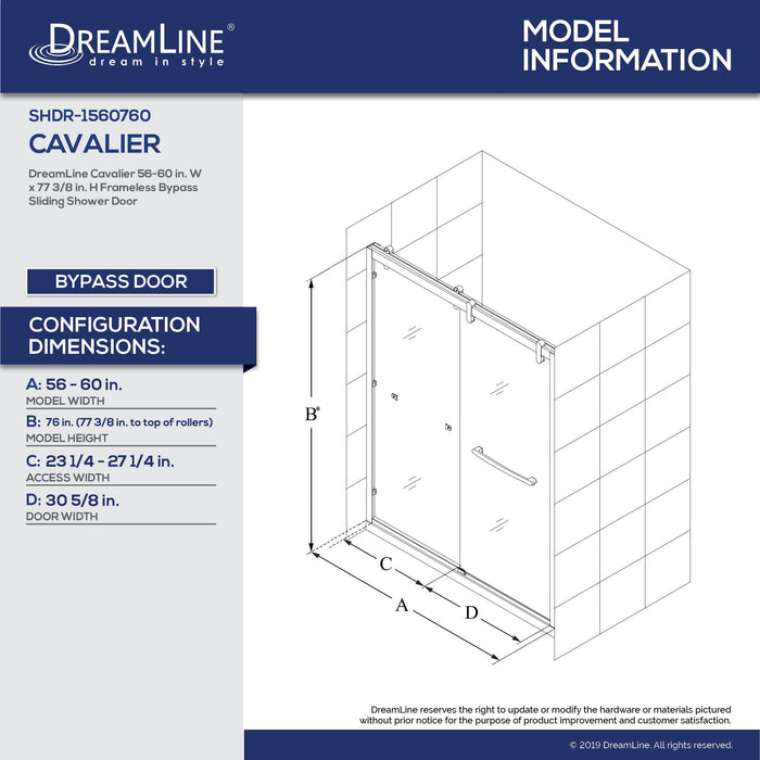 DreamLine SHDR-1560760-08 Cavalier 56-60"W x 77 3/8"H Semi-Frameless Bypass Sliding Shower Door in Polished Stainless Steel