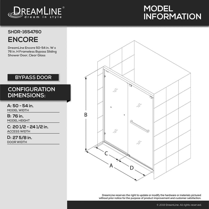 DreamLine SHDR-1654760-04 Encore 50-54"W x 76"H Semi-Frameless Bypass Shower Door in Brushed Nickel