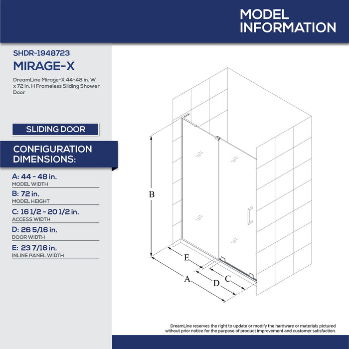 DreamLine SHDR-1948723R-01 Mirage-X 44-48"W x 72"H Frameless Sliding Shower Door in Chrome; Right Wall Installation