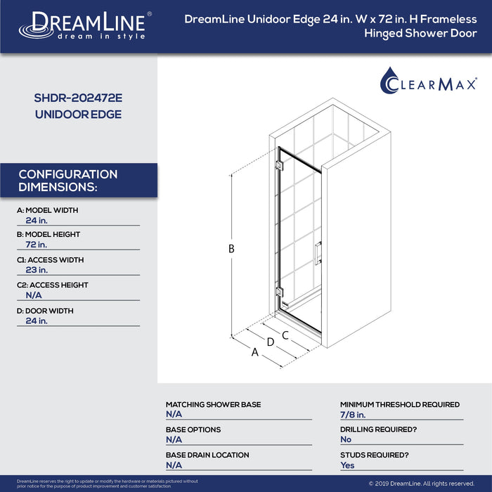 Dreamline SHDR-202472E-09 Unidoor Edge 24"W x 72"H Frameless Hinged Shower Door in Satin Black
