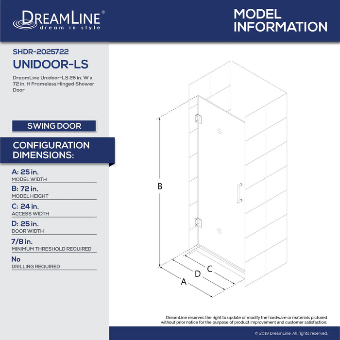 DreamLine SHDR-2025722-01 Unidoor-LS 25"W x 72"H Frameless Hinged Shower Door in Chrome