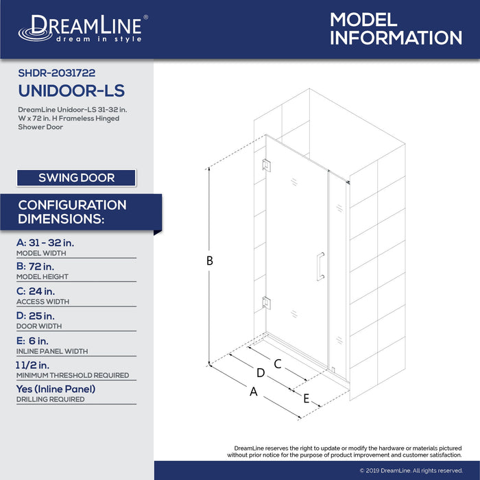 DreamLine SHDR-2031722-06 Unidoor-LS 31-32"W x 72"H Frameless Hinged Shower Door in Oil Rubbed Bronze