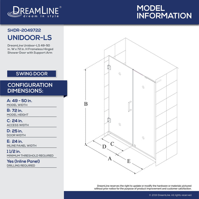 DreamLine SHDR-2049722-04 Unidoor-LS 49-50"W x 72"H Frameless Hinged Shower Door in Brushed Nickel