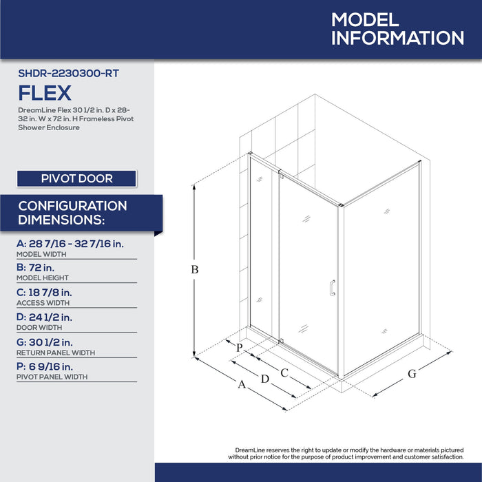 DreamLine E2223232XXQ0001 Flex 32"D x 32"W x 78 3/4"H Pivot Shower Enclosure, Base, and White Wall Kit in Chrome